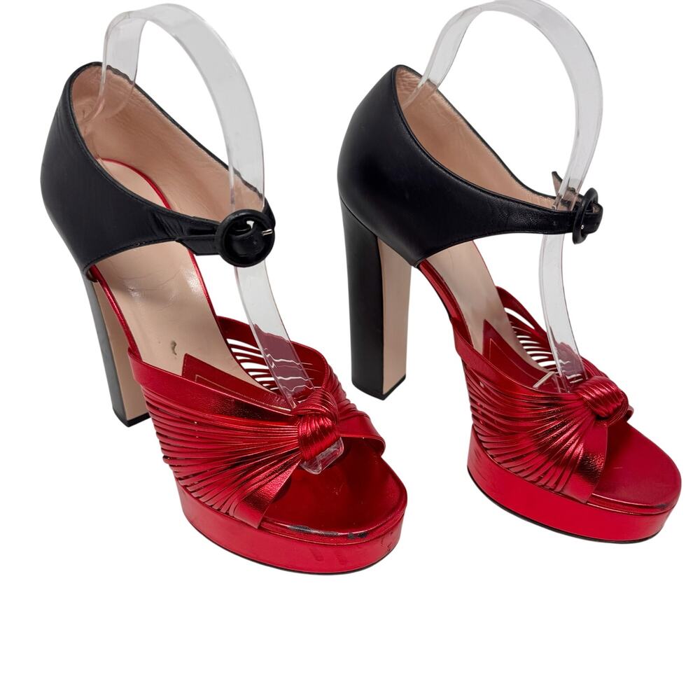 Gucci Crawford Knotted Platform Sandals Red Metallic Leather Size 39.5